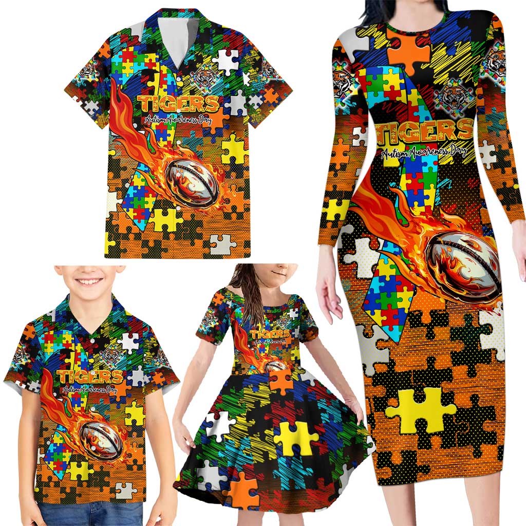 Tigers Autism Awareness Family Matching Long Sleeve Bodycon Dress and Hawaiian Shirt Puzzle Flames Rugby Ball