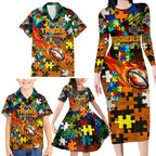 Tigers Autism Awareness Family Matching Long Sleeve Bodycon Dress and Hawaiian Shirt Puzzle Flames Rugby Ball