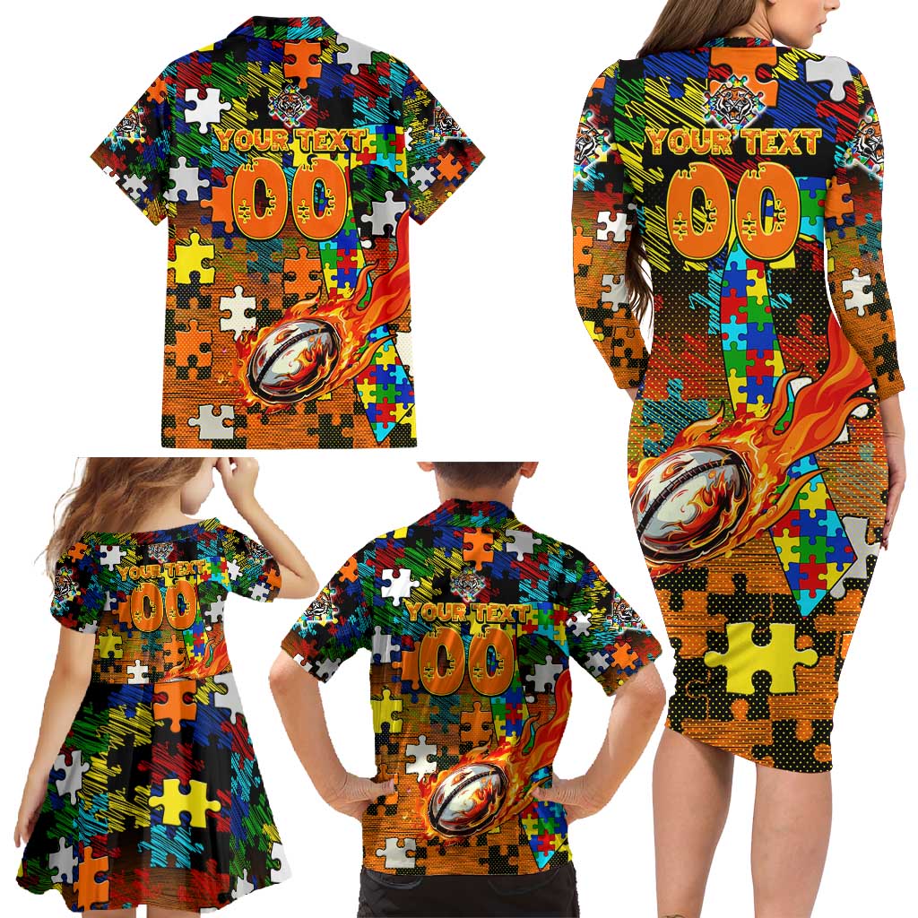 Tigers Autism Awareness Family Matching Long Sleeve Bodycon Dress and Hawaiian Shirt Puzzle Flames Rugby Ball