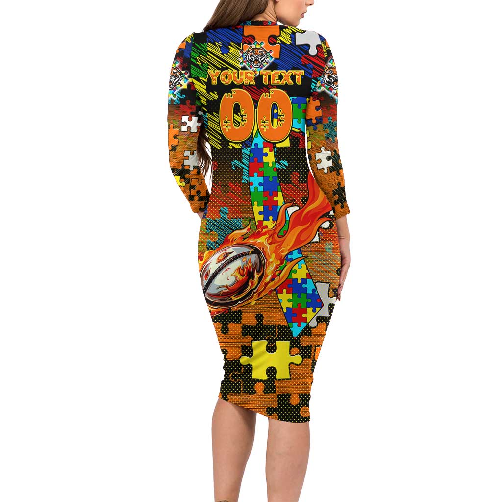 Tigers Autism Awareness Family Matching Long Sleeve Bodycon Dress and Hawaiian Shirt Puzzle Flames Rugby Ball