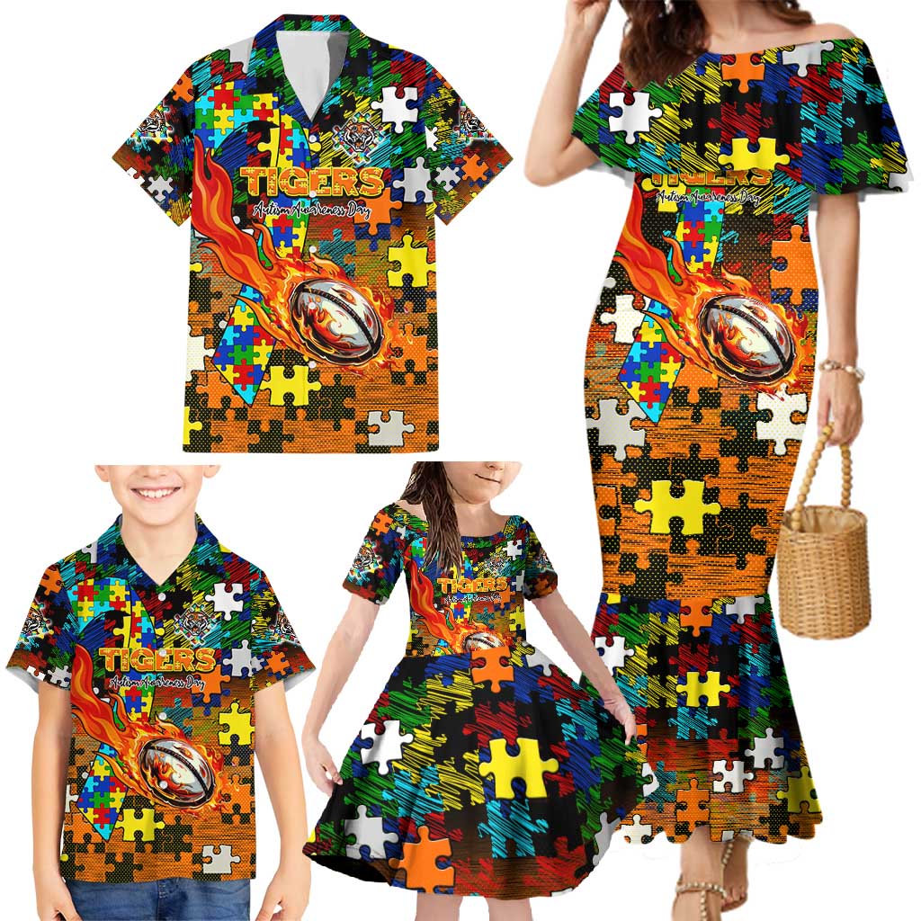 Tigers Autism Awareness Family Matching Mermaid Dress and Hawaiian Shirt Puzzle Flames Rugby Ball