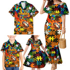 Tigers Autism Awareness Family Matching Mermaid Dress and Hawaiian Shirt Puzzle Flames Rugby Ball