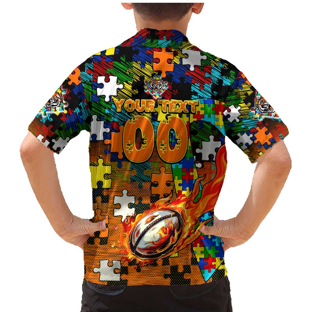 Tigers Autism Awareness Family Matching Mermaid Dress and Hawaiian Shirt Puzzle Flames Rugby Ball