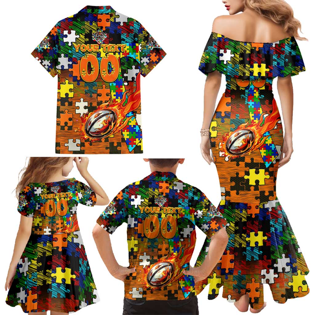 Tigers Autism Awareness Family Matching Mermaid Dress and Hawaiian Shirt Puzzle Flames Rugby Ball