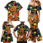 Tigers Autism Awareness Family Matching Mermaid Dress and Hawaiian Shirt Puzzle Flames Rugby Ball