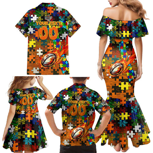 Tigers Autism Awareness Family Matching Mermaid Dress and Hawaiian Shirt Puzzle Flames Rugby Ball