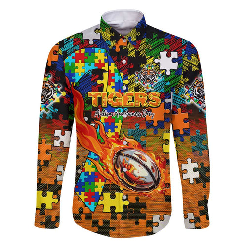 Tigers Autism Awareness Family Matching Mermaid Dress and Hawaiian Shirt Puzzle Flames Rugby Ball