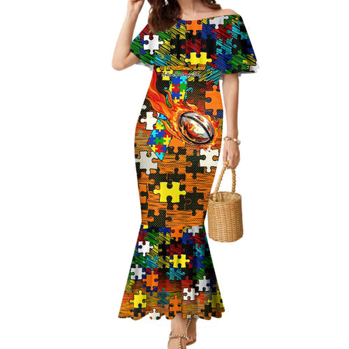 Tigers Autism Awareness Family Matching Mermaid Dress and Hawaiian Shirt Puzzle Flames Rugby Ball
