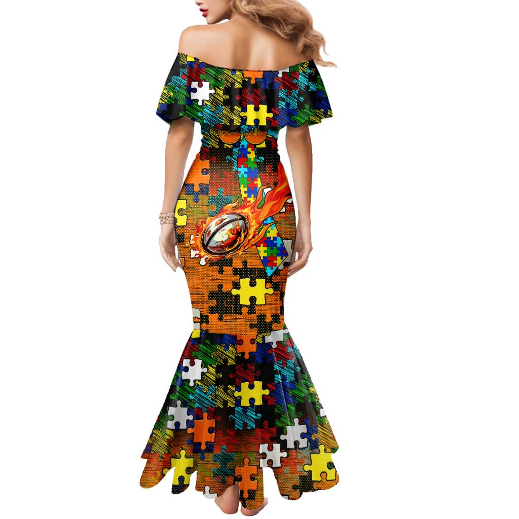 Tigers Autism Awareness Family Matching Mermaid Dress and Hawaiian Shirt Puzzle Flames Rugby Ball