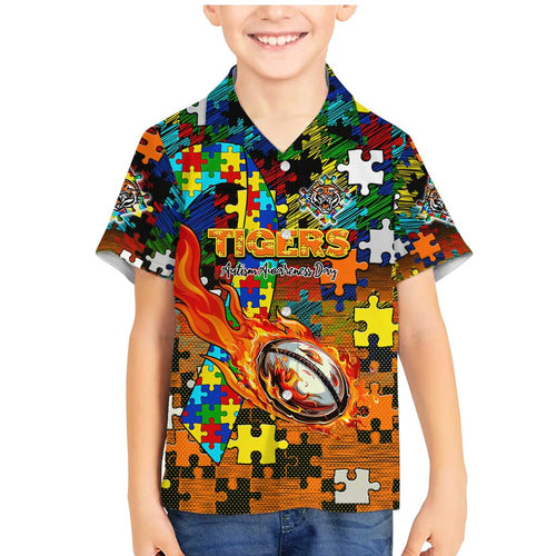 Tigers Autism Awareness Family Matching Mermaid Dress and Hawaiian Shirt Puzzle Flames Rugby Ball