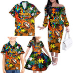 Tigers Autism Awareness Family Matching Off The Shoulder Long Sleeve Dress and Hawaiian Shirt Puzzle Flames Rugby Ball