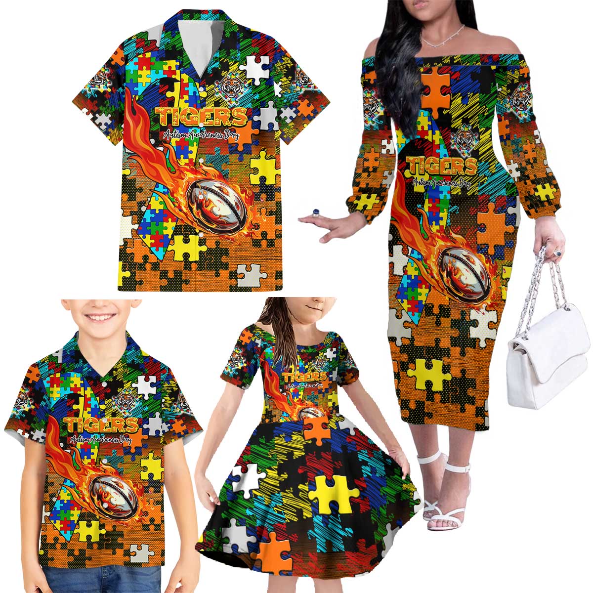 Tigers Autism Awareness Family Matching Off The Shoulder Long Sleeve Dress and Hawaiian Shirt Puzzle Flames Rugby Ball
