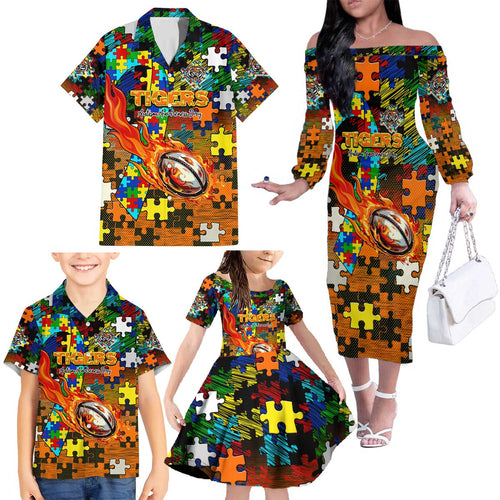 Tigers Autism Awareness Family Matching Off The Shoulder Long Sleeve Dress and Hawaiian Shirt Puzzle Flames Rugby Ball