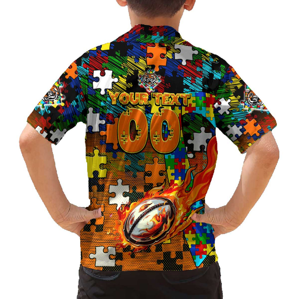 Tigers Autism Awareness Family Matching Off The Shoulder Long Sleeve Dress and Hawaiian Shirt Puzzle Flames Rugby Ball