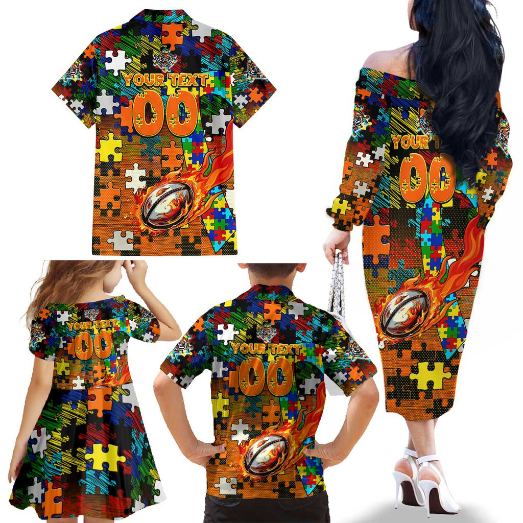 Tigers Autism Awareness Family Matching Off The Shoulder Long Sleeve Dress and Hawaiian Shirt Puzzle Flames Rugby Ball