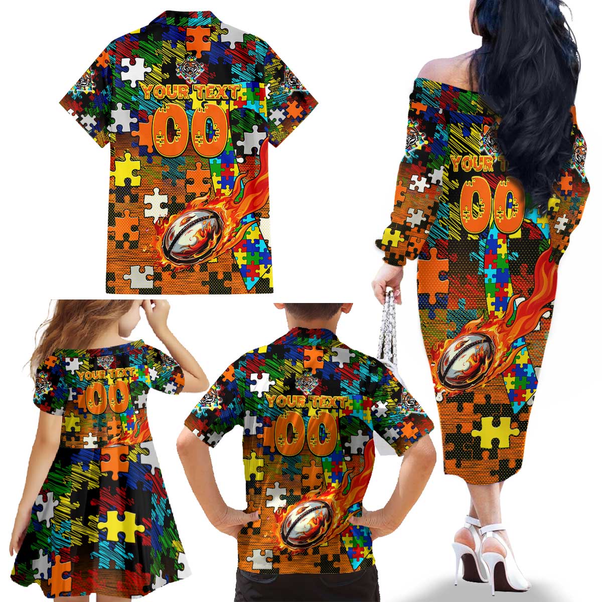 Tigers Autism Awareness Family Matching Off The Shoulder Long Sleeve Dress and Hawaiian Shirt Puzzle Flames Rugby Ball
