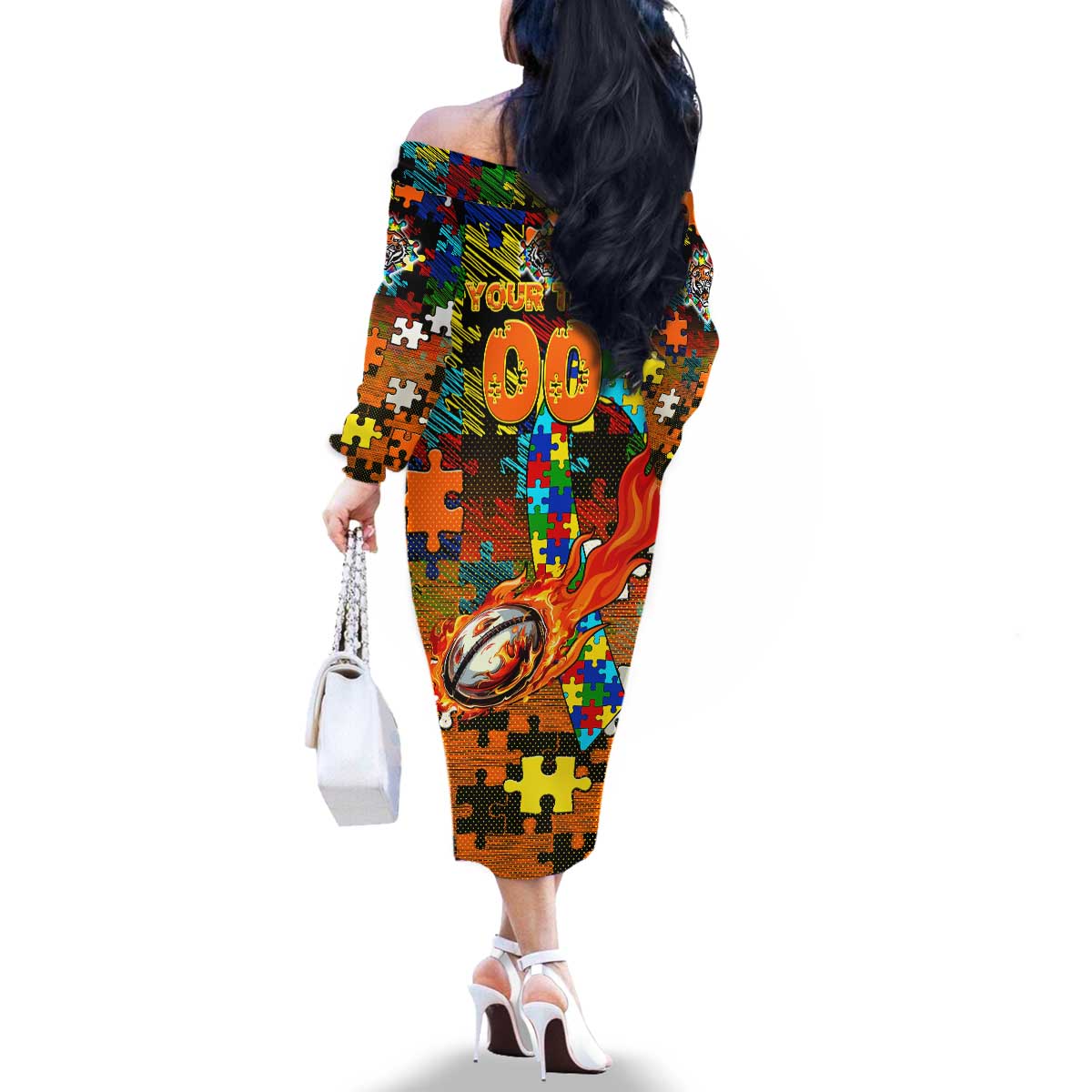 Tigers Autism Awareness Family Matching Off The Shoulder Long Sleeve Dress and Hawaiian Shirt Puzzle Flames Rugby Ball
