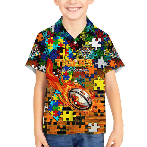 Tigers Autism Awareness Family Matching Off The Shoulder Long Sleeve Dress and Hawaiian Shirt Puzzle Flames Rugby Ball