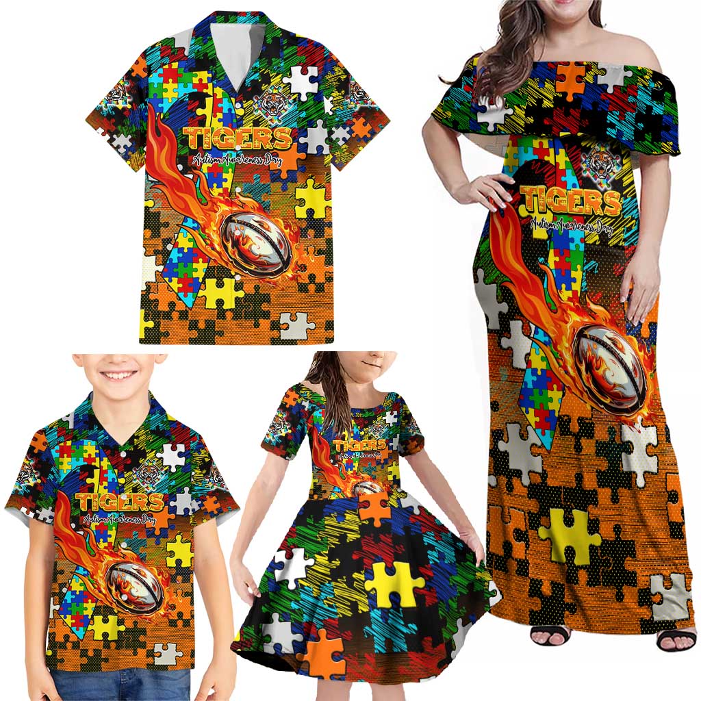 Tigers Autism Awareness Family Matching Off Shoulder Maxi Dress and Hawaiian Shirt Puzzle Flames Rugby Ball