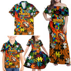 Tigers Autism Awareness Family Matching Off Shoulder Maxi Dress and Hawaiian Shirt Puzzle Flames Rugby Ball