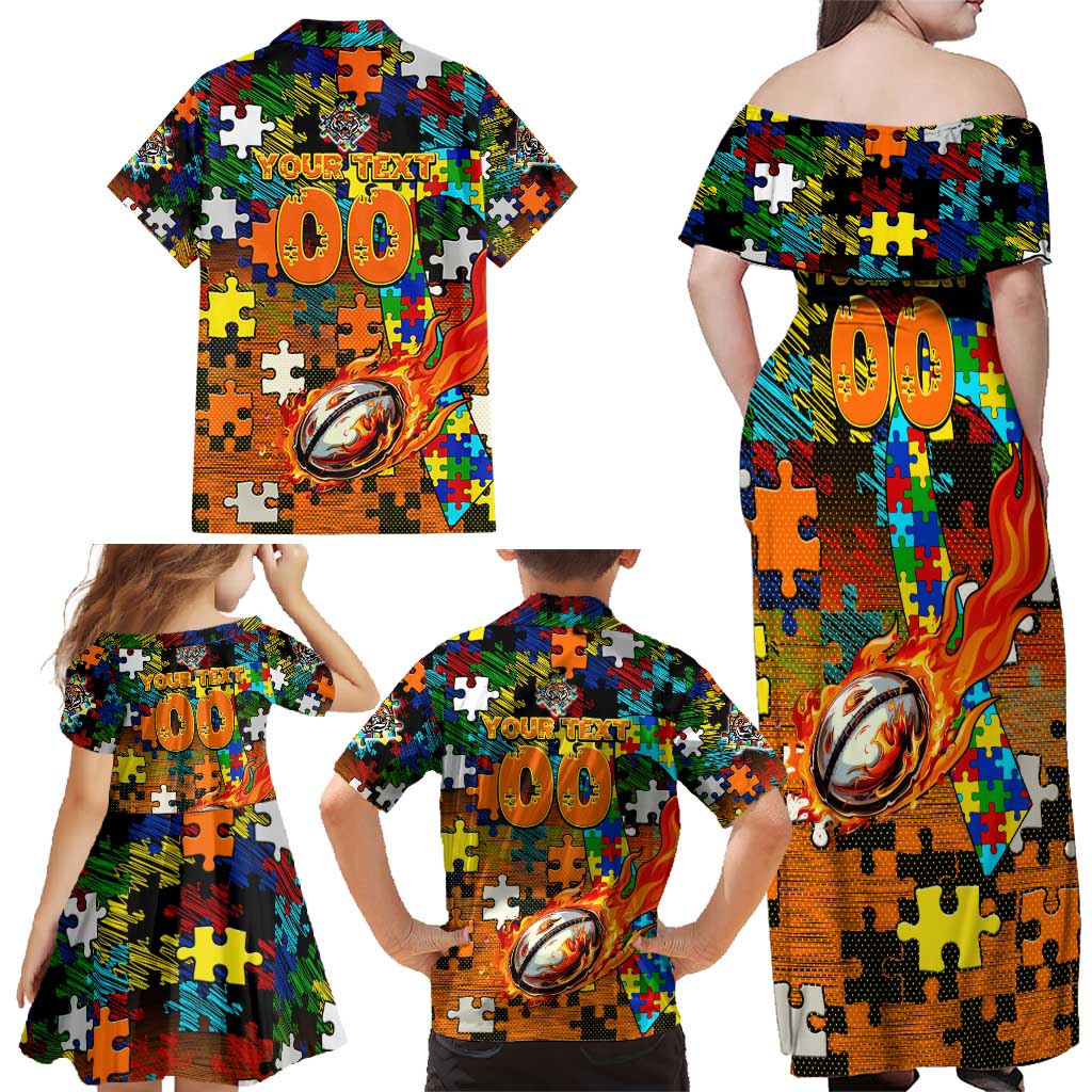 Tigers Autism Awareness Family Matching Off Shoulder Maxi Dress and Hawaiian Shirt Puzzle Flames Rugby Ball