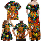 Tigers Autism Awareness Family Matching Off Shoulder Maxi Dress and Hawaiian Shirt Puzzle Flames Rugby Ball