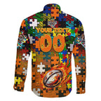 Tigers Autism Awareness Family Matching Off Shoulder Maxi Dress and Hawaiian Shirt Puzzle Flames Rugby Ball