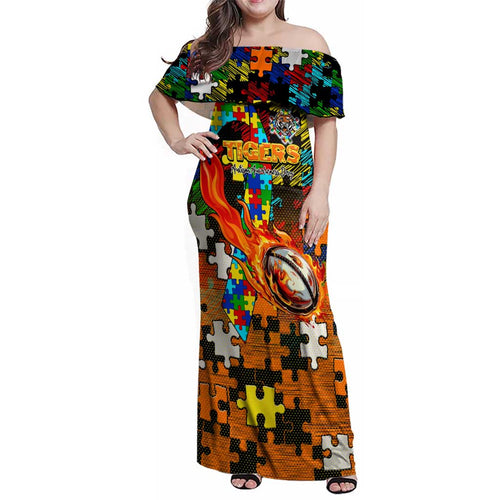 Tigers Autism Awareness Family Matching Off Shoulder Maxi Dress and Hawaiian Shirt Puzzle Flames Rugby Ball