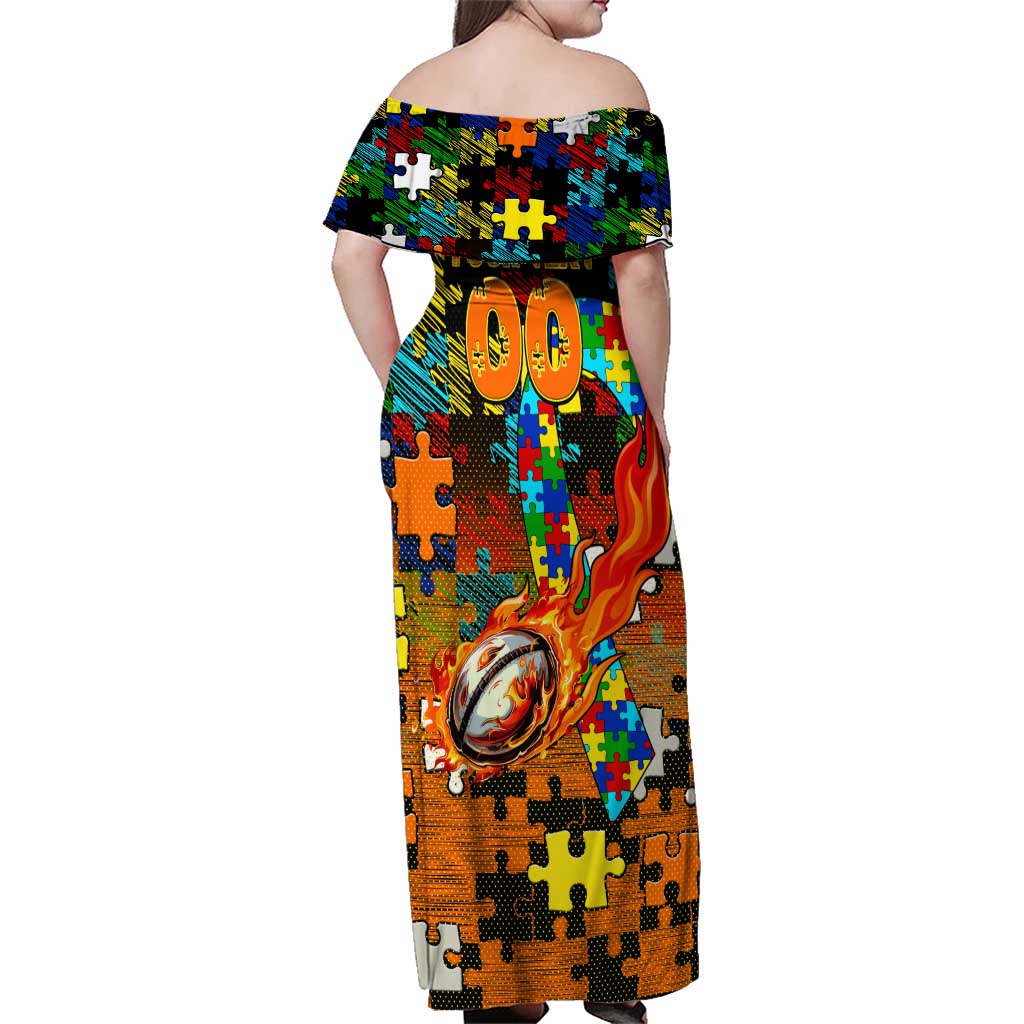 Tigers Autism Awareness Family Matching Off Shoulder Maxi Dress and Hawaiian Shirt Puzzle Flames Rugby Ball