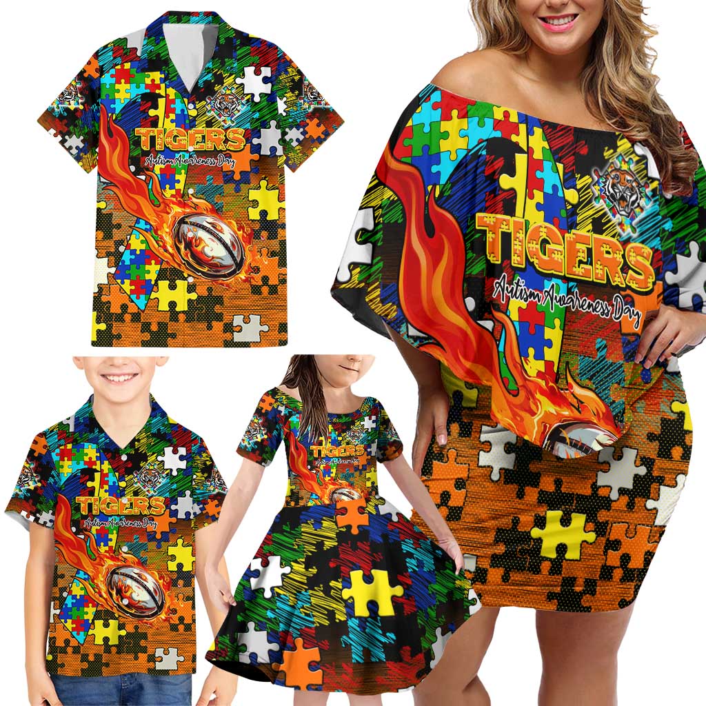 Tigers Autism Awareness Family Matching Off Shoulder Short Dress and Hawaiian Shirt Puzzle Flames Rugby Ball