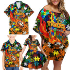 Tigers Autism Awareness Family Matching Off Shoulder Short Dress and Hawaiian Shirt Puzzle Flames Rugby Ball