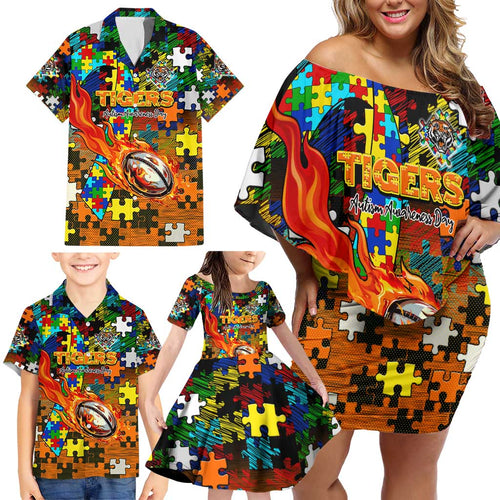 Tigers Autism Awareness Family Matching Off Shoulder Short Dress and Hawaiian Shirt Puzzle Flames Rugby Ball