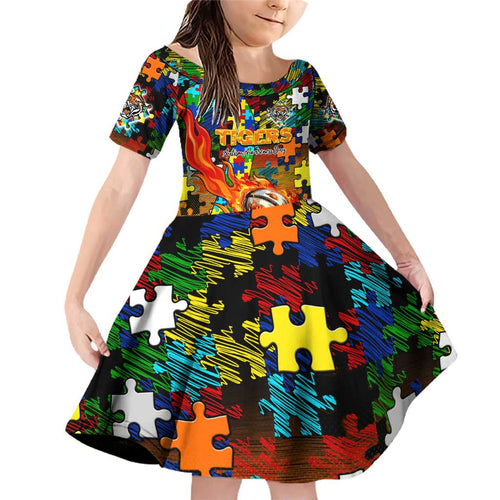 Tigers Autism Awareness Family Matching Off Shoulder Short Dress and Hawaiian Shirt Puzzle Flames Rugby Ball