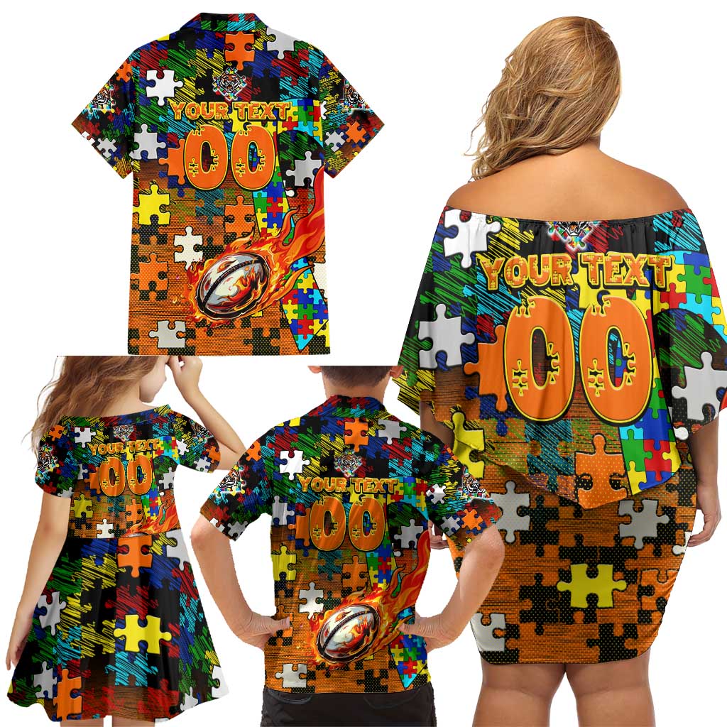 Tigers Autism Awareness Family Matching Off Shoulder Short Dress and Hawaiian Shirt Puzzle Flames Rugby Ball