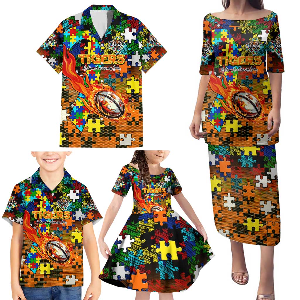 Tigers Autism Awareness Family Matching Puletasi and Hawaiian Shirt Puzzle Flames Rugby Ball