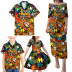 Tigers Autism Awareness Family Matching Puletasi and Hawaiian Shirt Puzzle Flames Rugby Ball