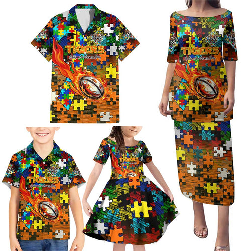 Tigers Autism Awareness Family Matching Puletasi and Hawaiian Shirt Puzzle Flames Rugby Ball