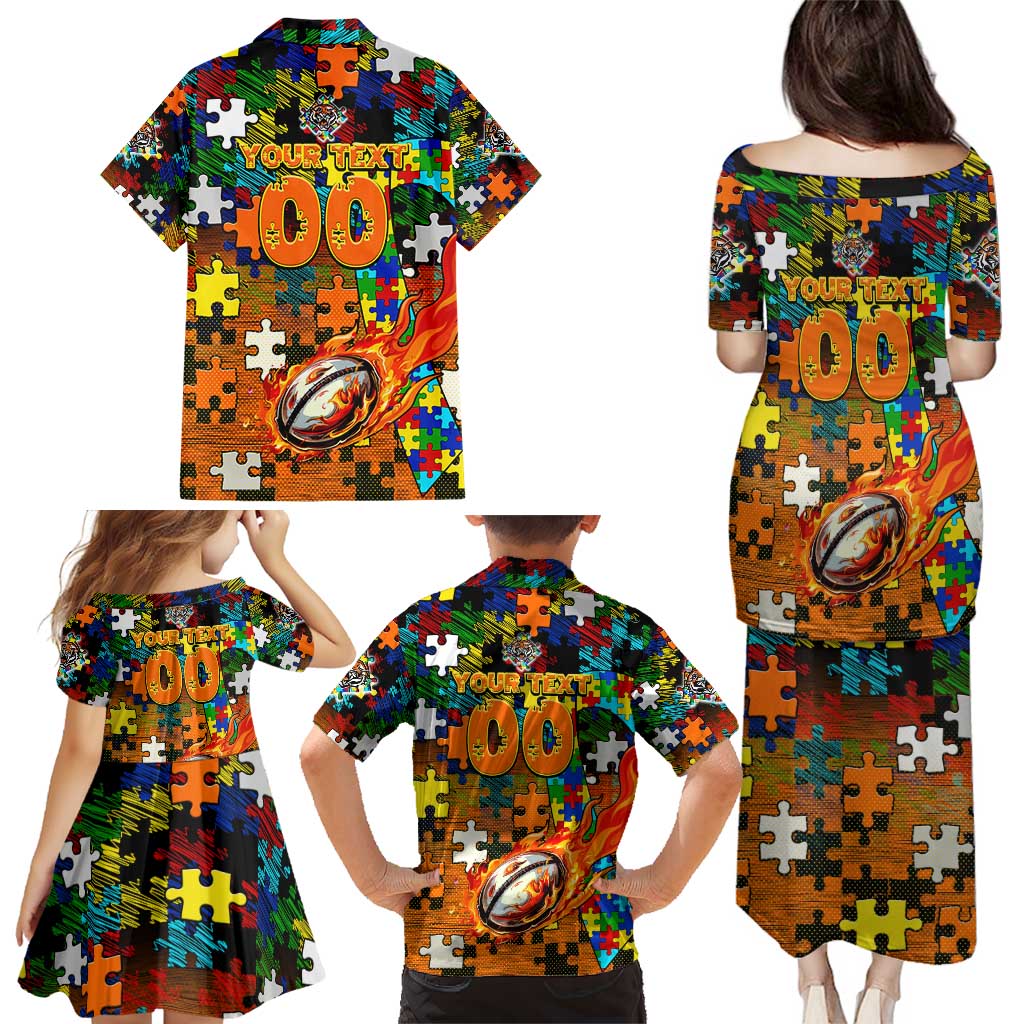 Tigers Autism Awareness Family Matching Puletasi and Hawaiian Shirt Puzzle Flames Rugby Ball
