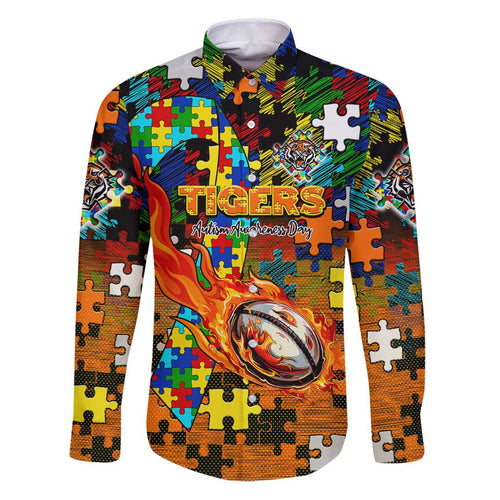 Tigers Autism Awareness Family Matching Puletasi and Hawaiian Shirt Puzzle Flames Rugby Ball