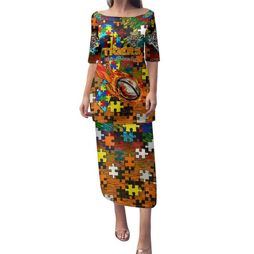 Tigers Autism Awareness Family Matching Puletasi and Hawaiian Shirt Puzzle Flames Rugby Ball