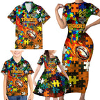Tigers Autism Awareness Family Matching Short Sleeve Bodycon Dress and Hawaiian Shirt Puzzle Flames Rugby Ball