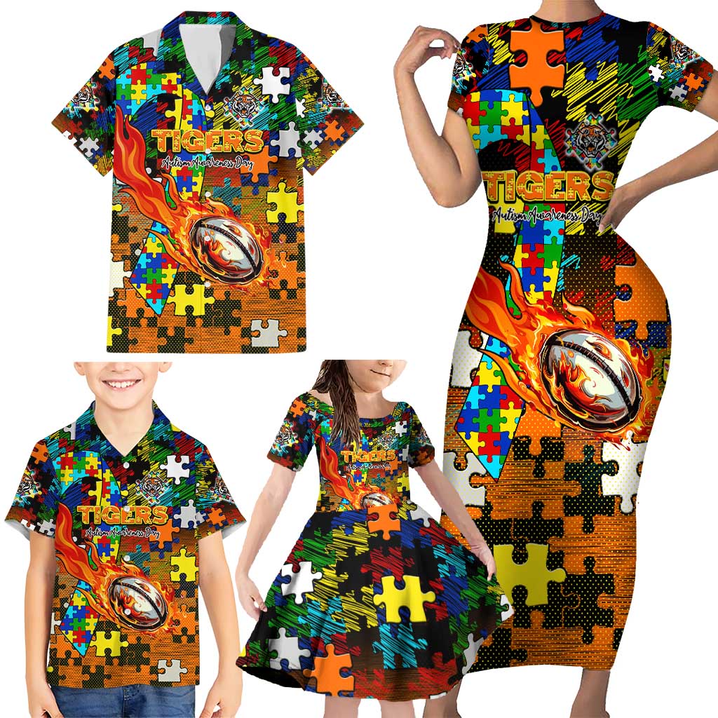 Tigers Autism Awareness Family Matching Short Sleeve Bodycon Dress and Hawaiian Shirt Puzzle Flames Rugby Ball
