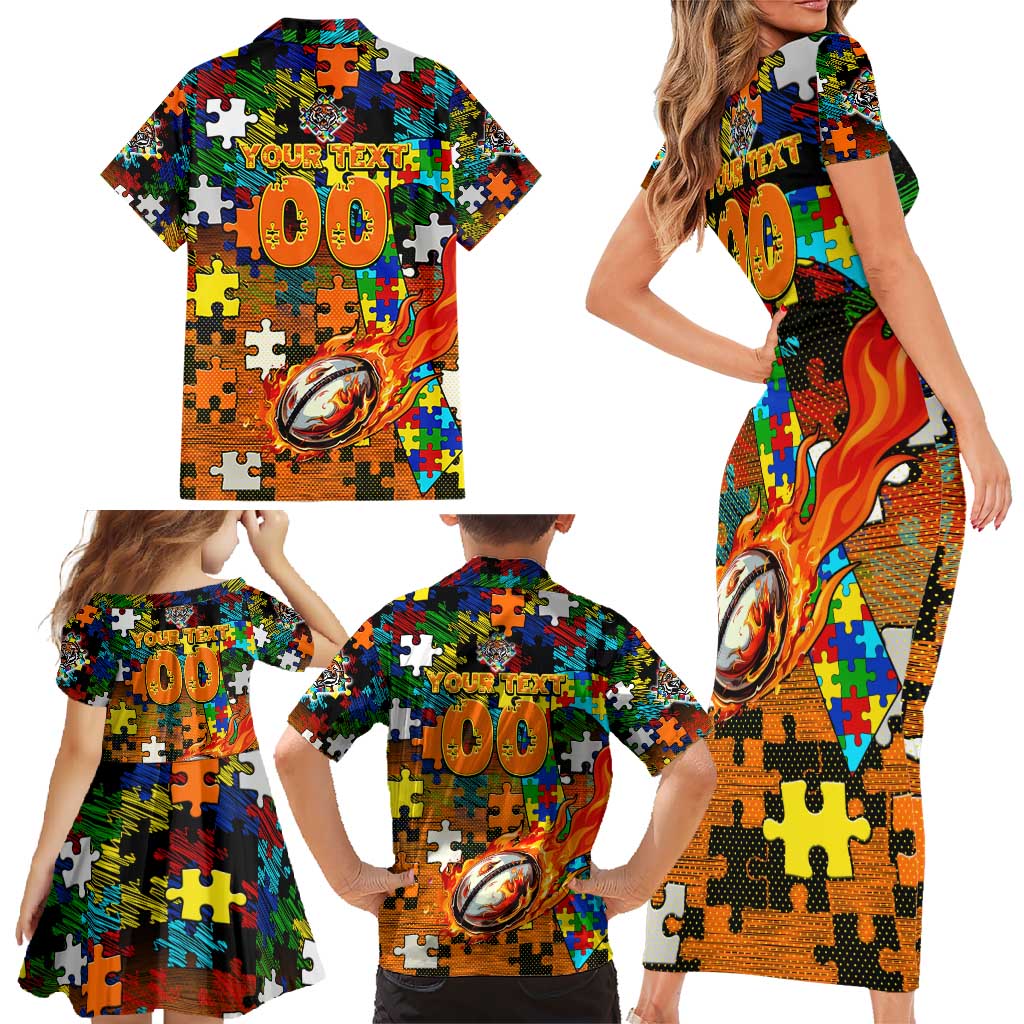 Tigers Autism Awareness Family Matching Short Sleeve Bodycon Dress and Hawaiian Shirt Puzzle Flames Rugby Ball