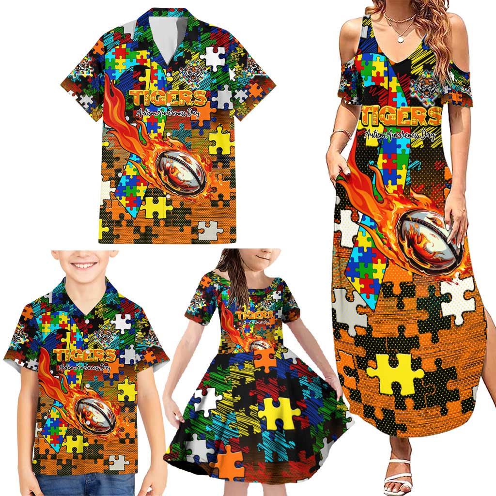 Tigers Autism Awareness Family Matching Summer Maxi Dress and Hawaiian Shirt Puzzle Flames Rugby Ball