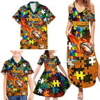 Tigers Autism Awareness Family Matching Summer Maxi Dress and Hawaiian Shirt Puzzle Flames Rugby Ball