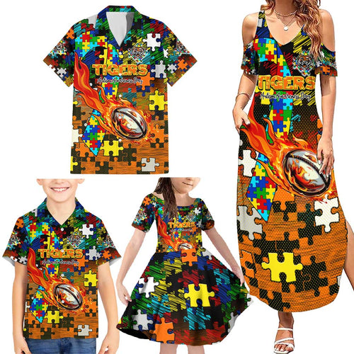 Tigers Autism Awareness Family Matching Summer Maxi Dress and Hawaiian Shirt Puzzle Flames Rugby Ball