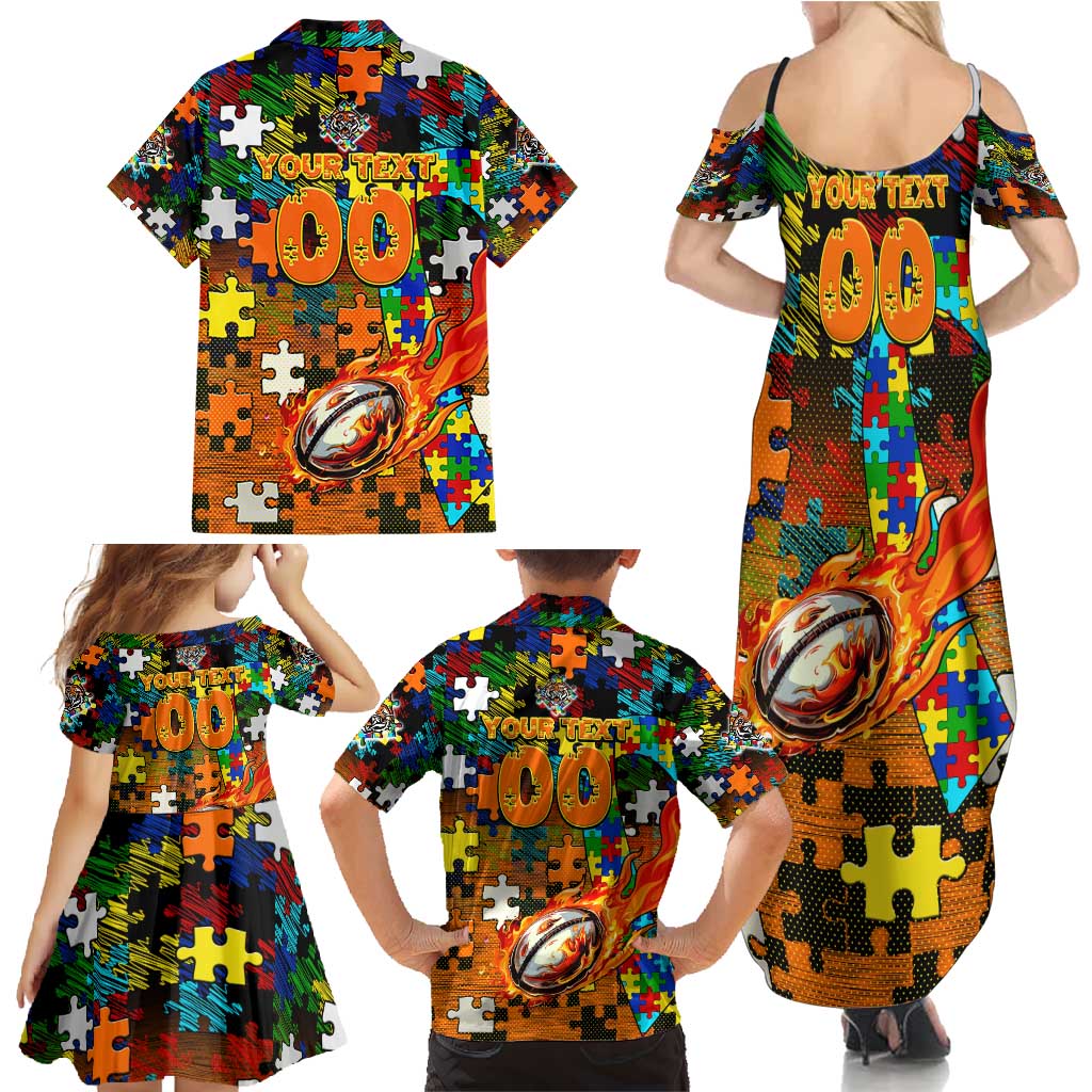 Tigers Autism Awareness Family Matching Summer Maxi Dress and Hawaiian Shirt Puzzle Flames Rugby Ball