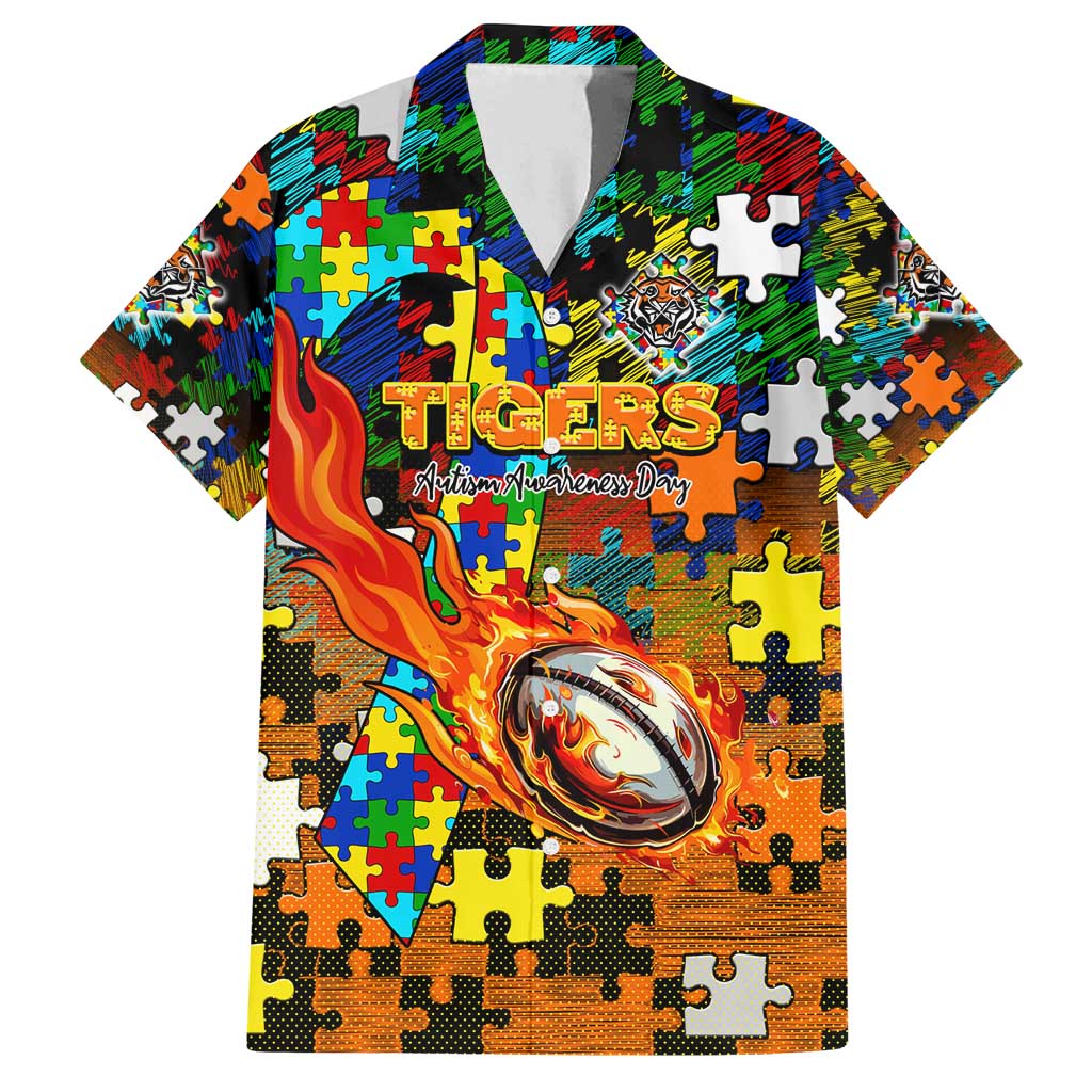 Tigers Autism Awareness Family Matching Summer Maxi Dress and Hawaiian Shirt Puzzle Flames Rugby Ball