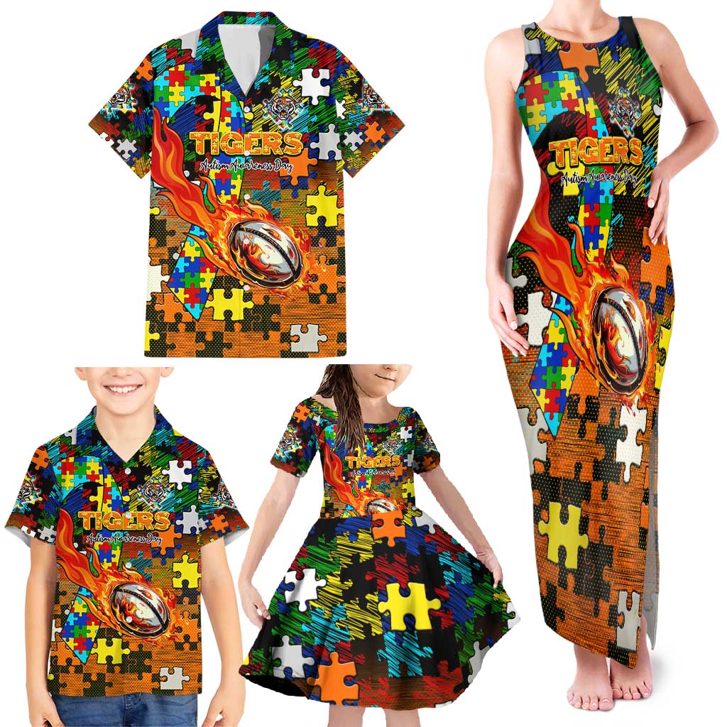 Tigers Autism Awareness Family Matching Tank Maxi Dress and Hawaiian Shirt Puzzle Flames Rugby Ball