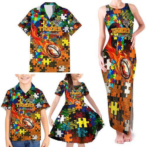 Tigers Autism Awareness Family Matching Tank Maxi Dress and Hawaiian Shirt Puzzle Flames Rugby Ball